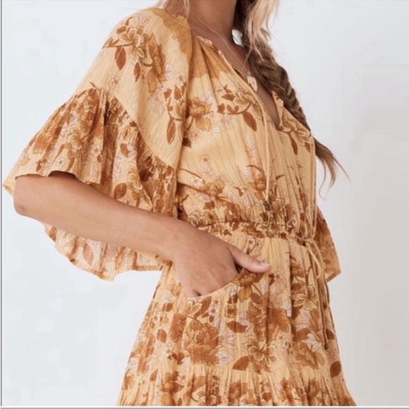 SPELL coco lei flutter sleeve playdress caramel Metallic floral mini dress small - Picture 4 of 12